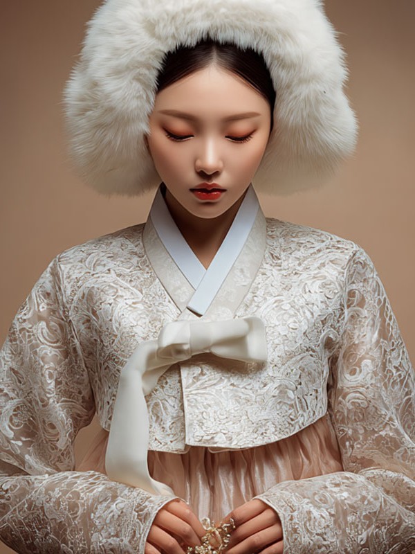 흰 누비 저고리와 털모자